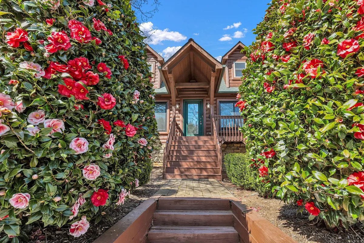The image showcases the exterior of a charming log cabin, framed by colorful, vibrant flowers on both sides. Wooden steps lead invitingly up to the front door, while the cabin's stylish architecture and spacious wraparound porch set a welcoming, cheerful tone. The scene hints at guests arriving, enjoying the serene garden, and relaxing on the porch, suggesting a space perfect for family gatherings and peaceful retreats.